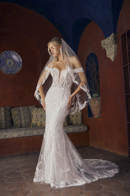 Casablanca Bridal 2554 Rochelle Wedding Dress Fit And Flare Off The Shoulder Plunging Neckline Sequin Floral Lace Train
