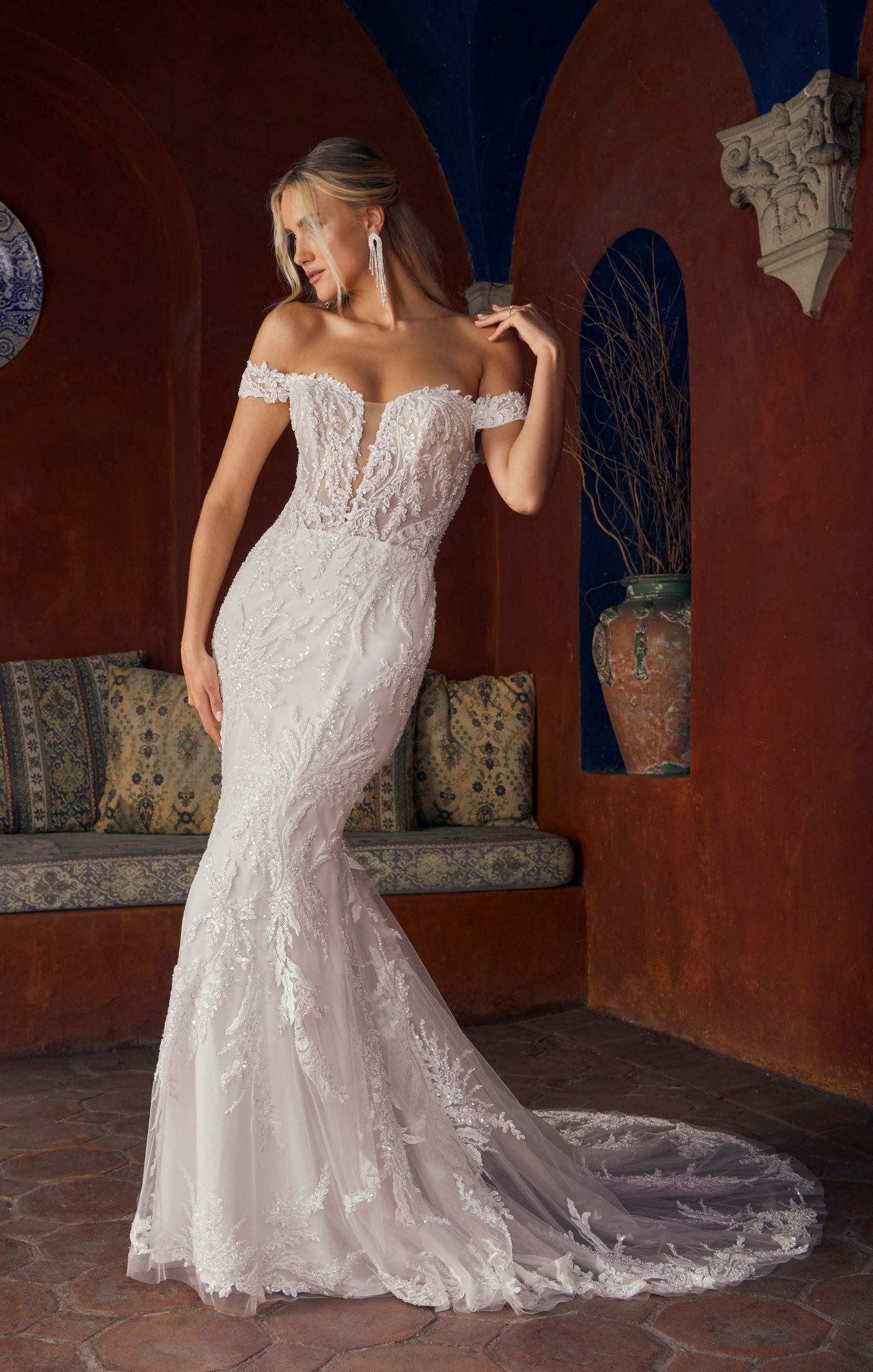 Casablanca Bridal 2554 Size 4 Rochelle Wedding Dress Fit And Flare Off The Shoulder Plunging Neckline Sequin Floral Lace Train
