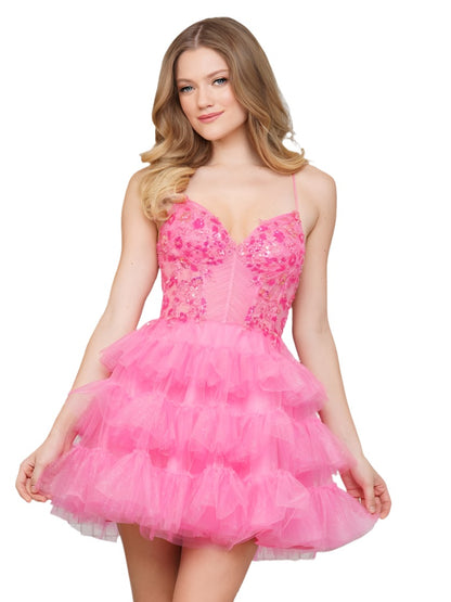 Elevate your formalwear with Colors 3346 Short dress. Featuring a 17" glitter mesh ruffle skirt and a sheer corset bodice adorned with sequin embroidery appliques. The lace up back adds a touch of elegance to this A-line fit &amp; flare gown. Perfect for any special occasion. Homecoming Shimmer tulle ruffle layered A line skirt. Pleated bodice.