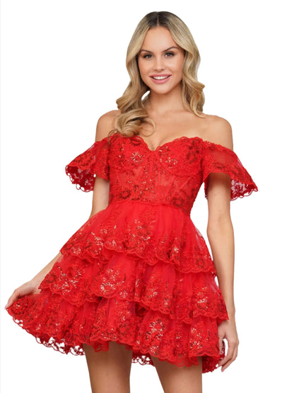 Colors 3347 Short Ruffle Sequin lace Dress Homecoming Formal Puff Sleeve Formal Gown 4 / Red Colors 3347 Short Ruffle Sequin lace Dress Homecoming Formal Puff Sleeve Formal Gown 4 / Red