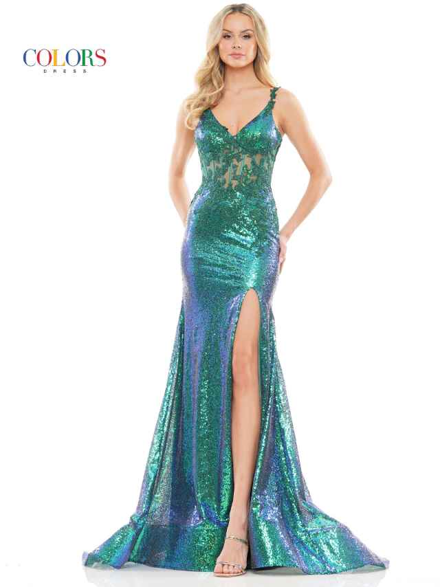 Colors Dress 2848 Iridescent sequins and lace Prom Dress. 47" sequin fit and flare gown with lace applique bodice, 5" horse hair hem and side slit.