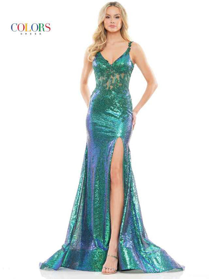 Colors Dress 2848 Iridescent sequins and lace Prom Dress. 47" sequin fit and flare gown with lace applique bodice, 5" horse hair hem and side slit.