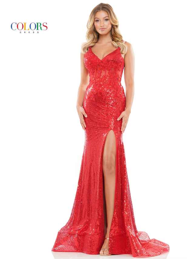 Colors Dress 2848 Iridescent sequins and lace Prom Dress. 47" sequin fit and flare gown with lace applique bodice, 5" horse hair hem and side slit.