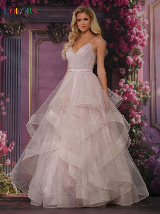 Colors Dress 2381  Off White Prom Dress Ballgown V Neckline Layered Glitter Tulle Pageant Wedding Gown