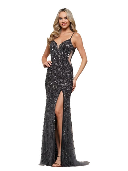sequin metal v neck dress Colors Dress 3387 Fully Beaded Formal Prom Dress Evening Gown Slit V Neck Crystal 14 / Gunmetal