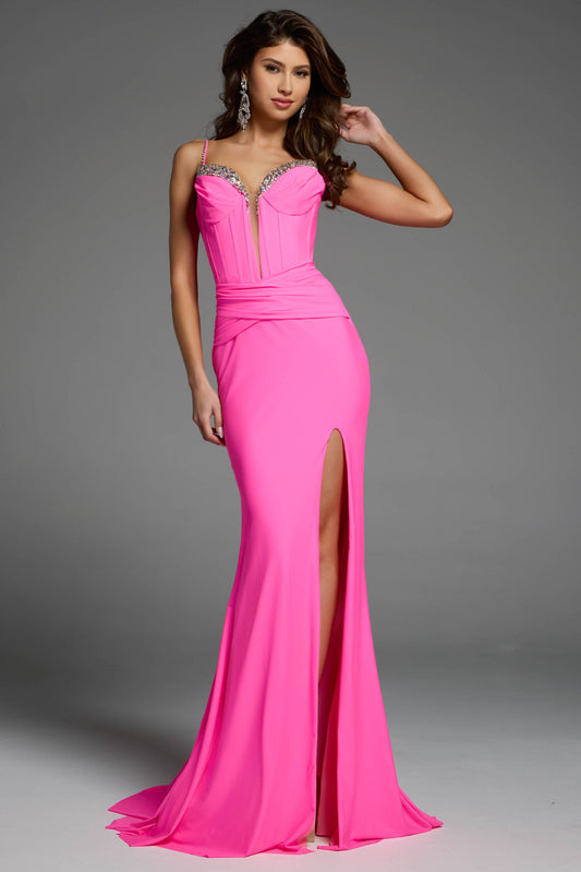 Get ready to make a statement in the Jovani D5020 Long Fitted Formal Dress. Its plunging neckline and high side slit add a touch of drama to this sleek jersey gown. Perfect for prom or a pageant, this dress is designed to make you stand out with its fitted silhouette. Crystal accented plunging neckline.

Sizes: 00-16

Colors: Turquoise, Hot Pink, Black