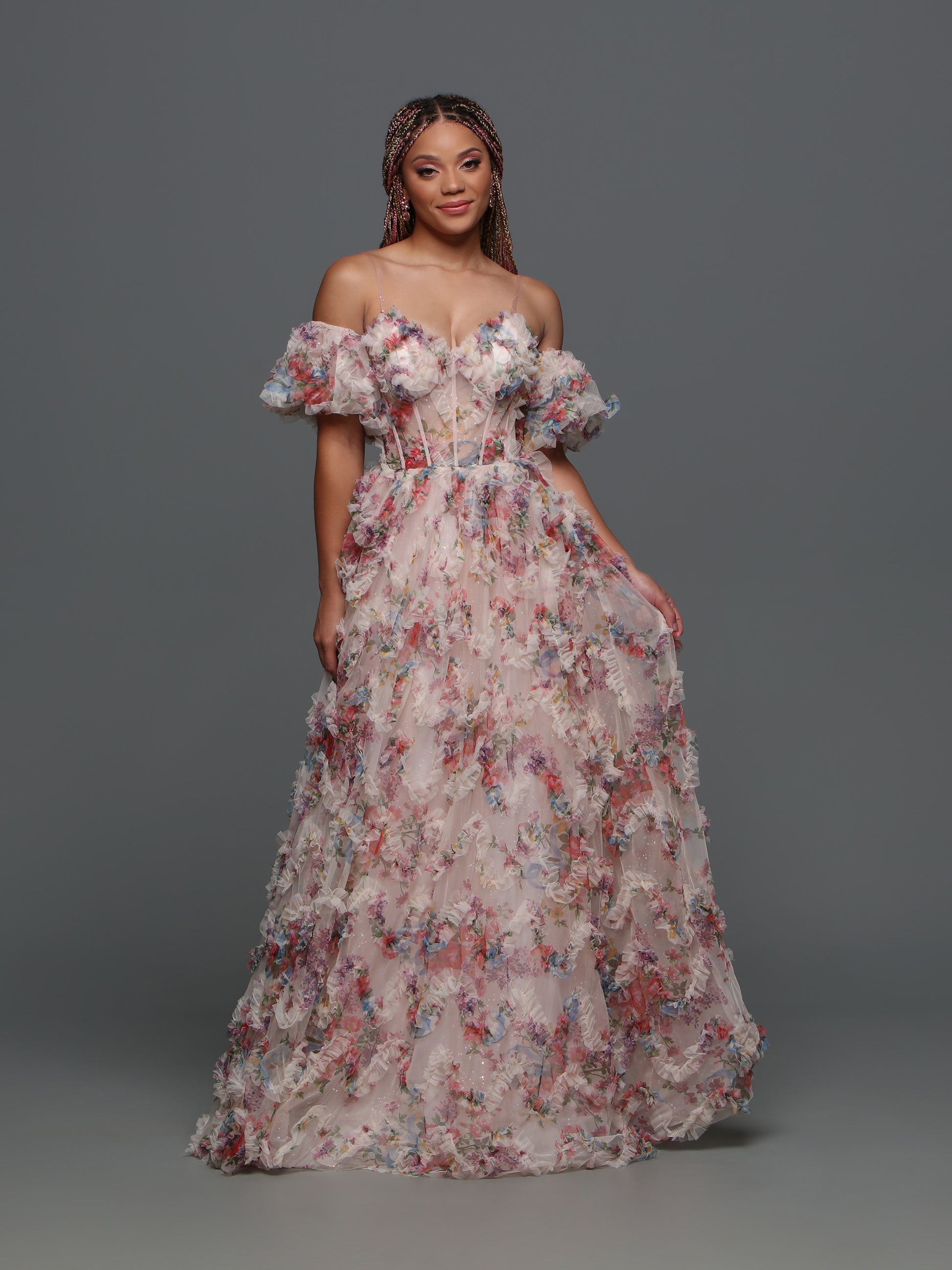 Davinci F145 Floral Print Puff Sleeve A Line Sheer Prom Dress Corset S Glass Slipper Formals Davinci F145 Floral Print Puff Sleeve A Line Sheer Prom Dress Corset S Glass Slipper Formals