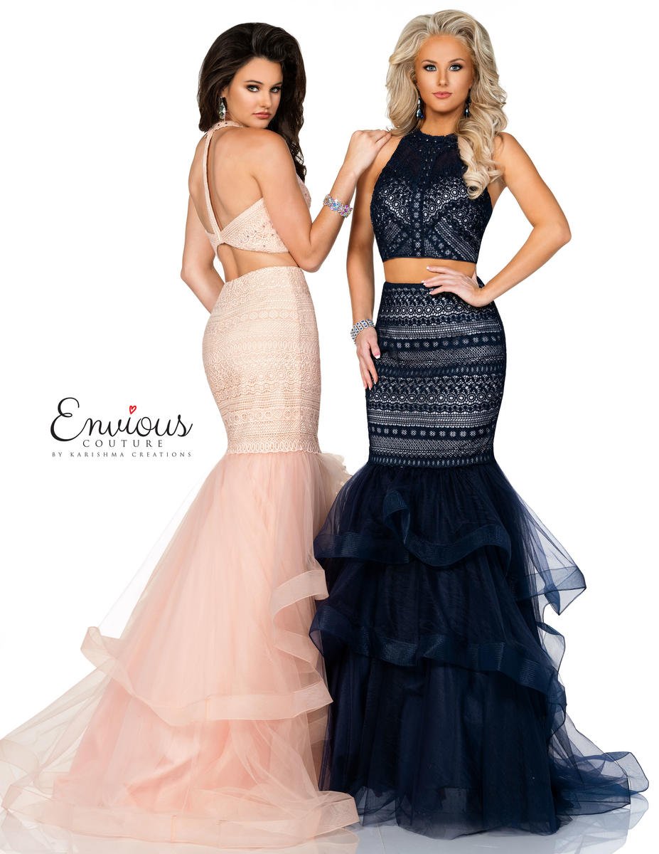 Envious Couture E1178&nbsp;

Two piece mermaid Vintage Lace Crochet style high neckline racer back. Trumpet skirt with layered ruffle prom dress with beaded lace and tulle

Size: 2, 4, 8

Color: Pink
