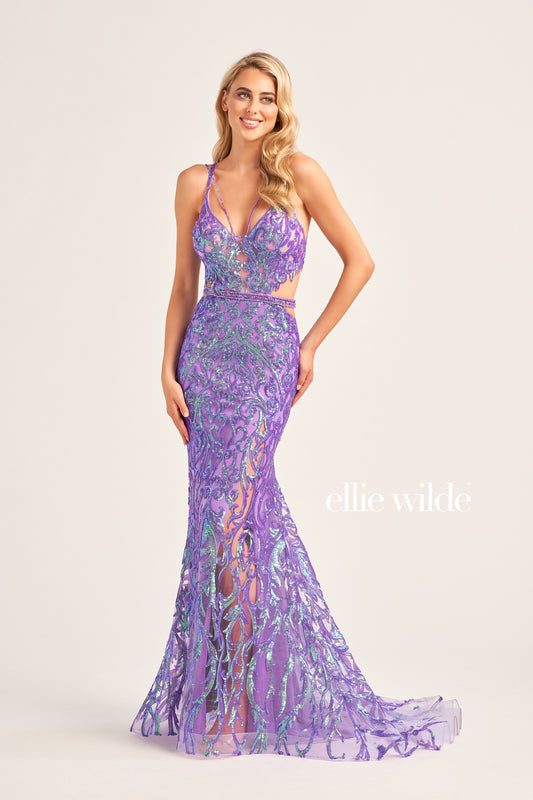 Make a statement in Ellie Wilde's EW35007 Sheer Sequin Cut Out Prom Dress. With its V-Neck Sweetheart Neckline, open back, side waist cut out, and sequin-beaded tulle fabric, this trumpet silhouette gown is an eye-catching formal look. Perfect for any special occasion.  COLOR: ORANGE, EMERALD, IRIS SIZE: 00 - 16