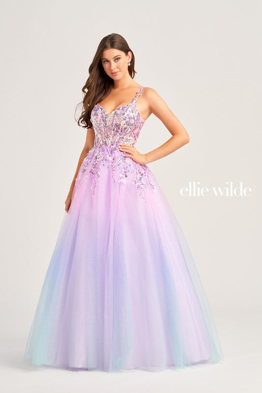 Make a statement in this stunning Ellie Wilde EW35055 Sheer Sequin Corset Ombre Ballgown. Crafted with glitter ombre tulle and sequins appliques, this formal dress features a sweetheart neckline, sleeveless style and a natural waistline. The stunning corset bodice is sure to turn heads. Radiant and timeless, this dress is perfect for your special event.  COLOR: COTTON CANDY, LIME SORBET, PEACH RAINBOW SIZE: 00 - 24