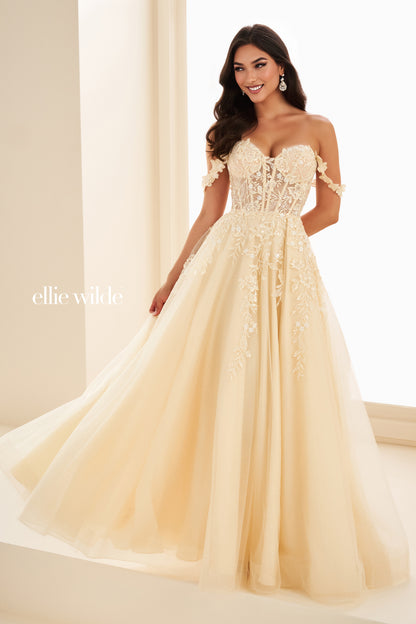Ellie Wilde EW35101 Sheer Lace Corset Prom Dress Maxi Slit Shimmer Pageant Gown