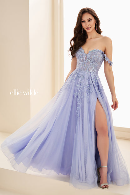 Ellie Wilde EW35101 Sheer Lace Corset Prom Dress Maxi Slit Shimmer Pageant Gown