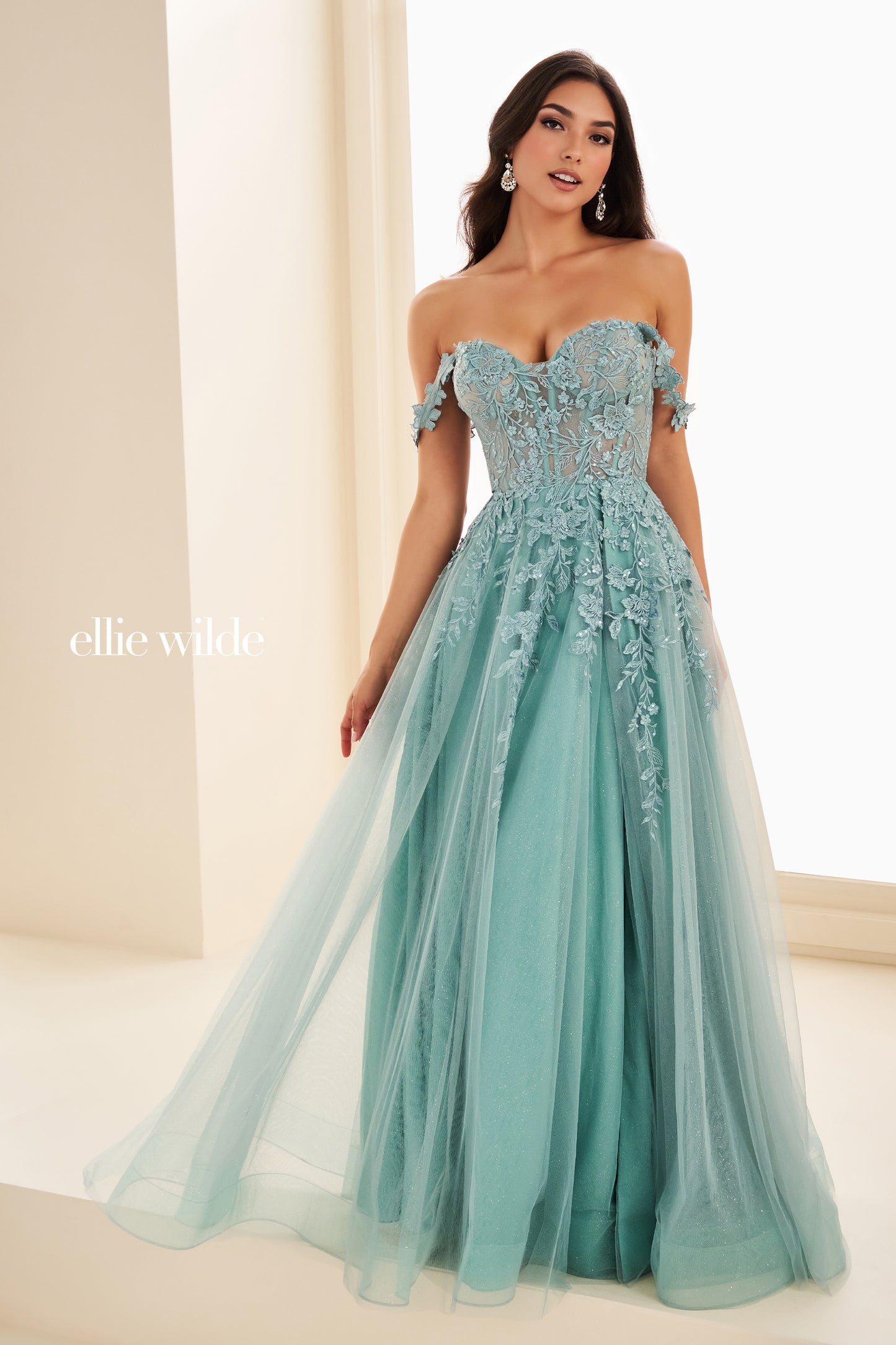 Ellie Wilde EW35101 Sheer Lace Corset Prom Dress Maxi Slit Shimmer Pageant Gown