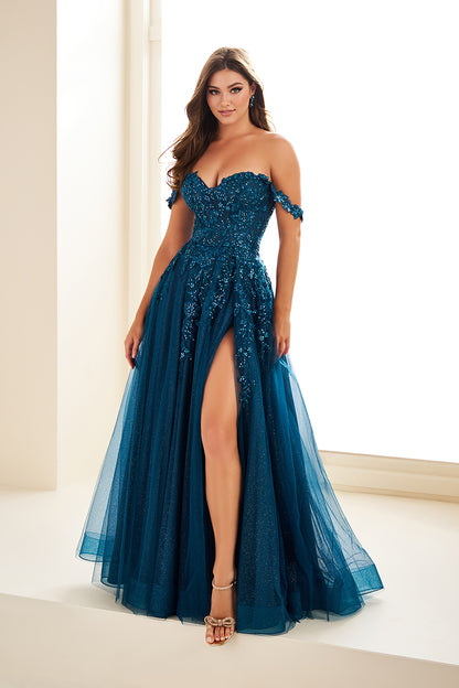 Ellie Wilde EW35101 Sheer Lace Corset Prom Dress Maxi Slit Shimmer Pageant Gown