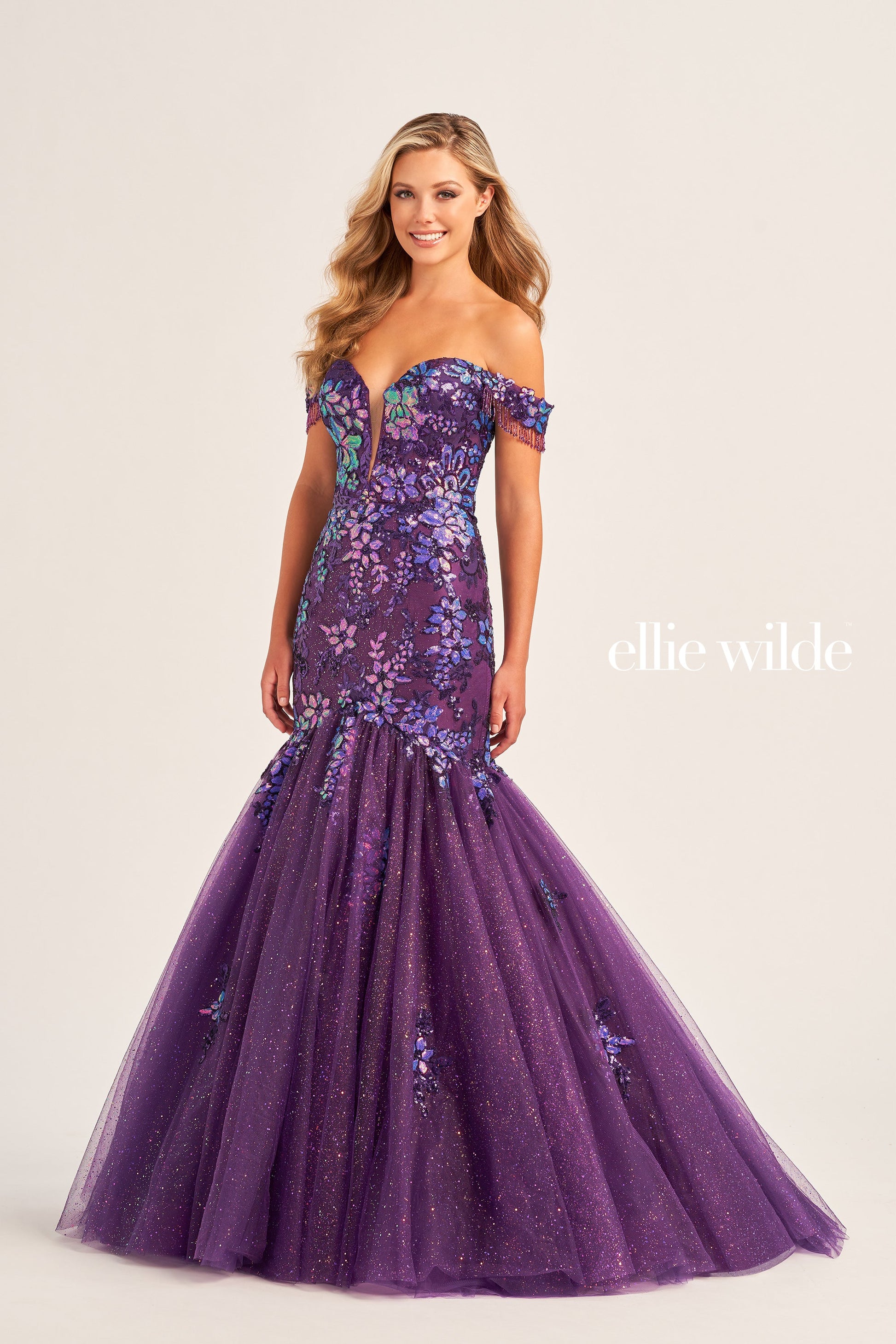 Ellie Wilde EW35219 Size 00 Purple Long Shimmer Sequin Mermaid Dress Off The Shoulder Fringe Pageant Gown Ellie Wilde EW35219 Size 00 Purple Long Shimmer Sequin Mermaid Dress Off The Shoulder Fringe Pageant Gown