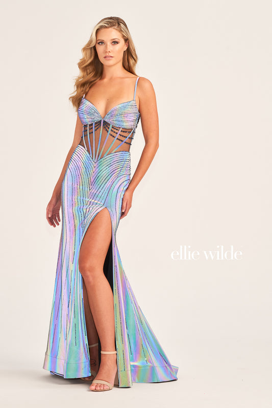 The Ellie Wilde EW35702 SUPERNOVA Holographic Sheer Corset Prom Dress Slit V Neck Gown is perfect for special occasions. Crafted with a romantic sheer illusion bodice, intricate metallic beading, and a striking slit skirt, this gown is the perfect combination of glamour and femininity. The corset bodice ensures a flattering fit, while the unexpected cut of the neckline adds drama and sophistication. Nothing gets more wows than this!v