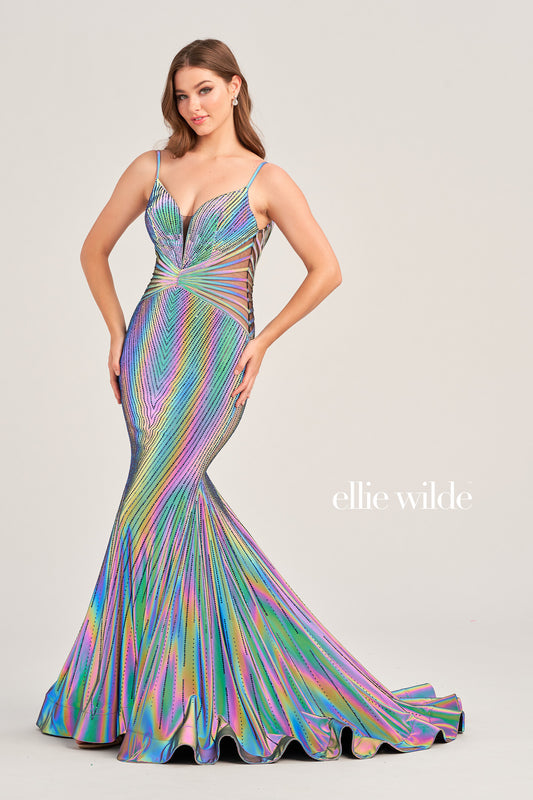 The Ellie Wilde EW35704 Prom Dress is a show-stopping style perfect for any special occasion. Featuring a long, fitted SUPERNOVA mermaid silhouette, sheer bodice with boning, this holographic gown is sure to turn heads. A unique style for a memorable night.   Sizes: 00-24  Colors: SUPERNOVA