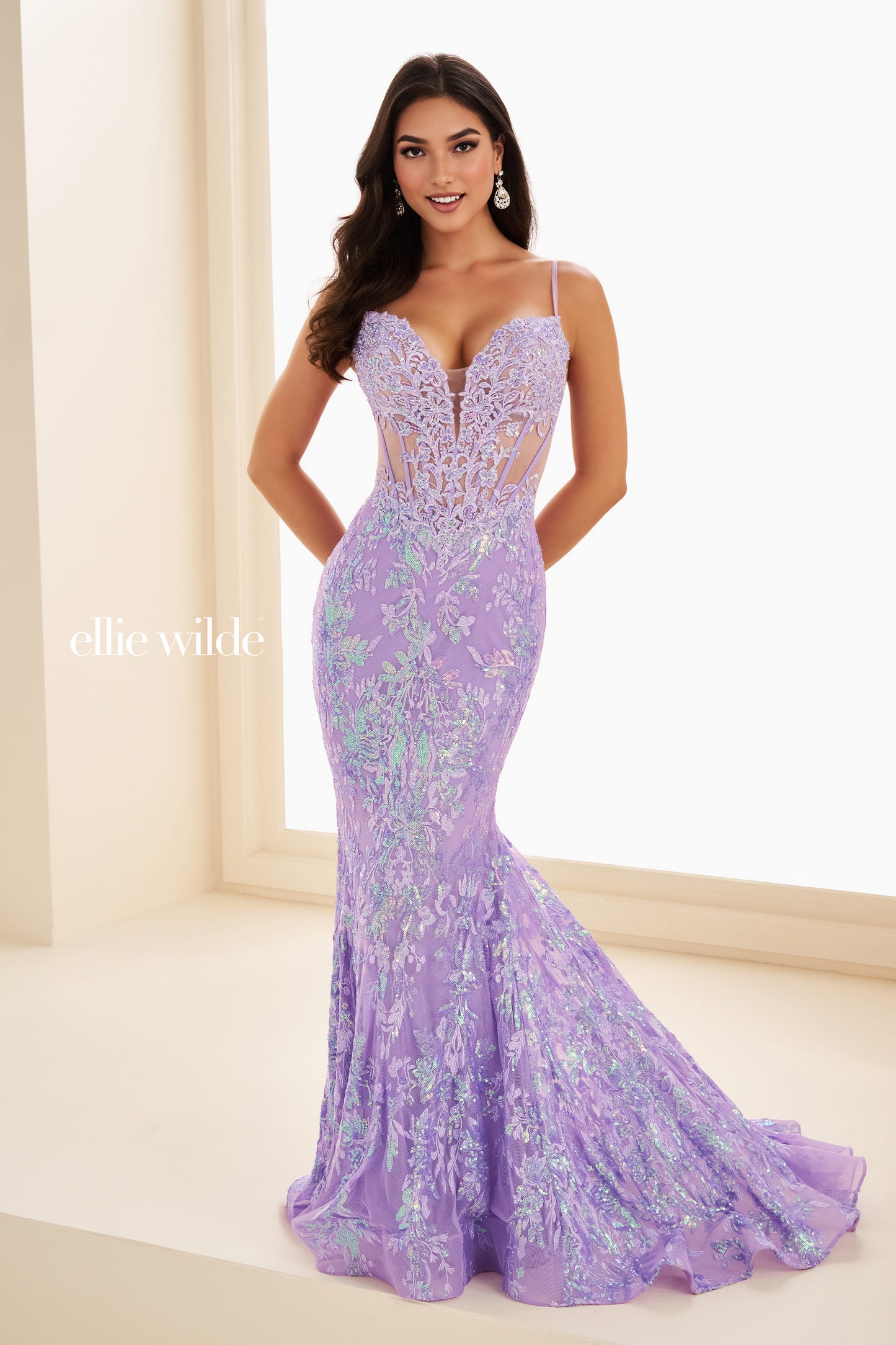 Ellie Wilde EW36003 Sheer Corset Sequin Mermaid Backless Prom Dress Pageant Evening Gown
