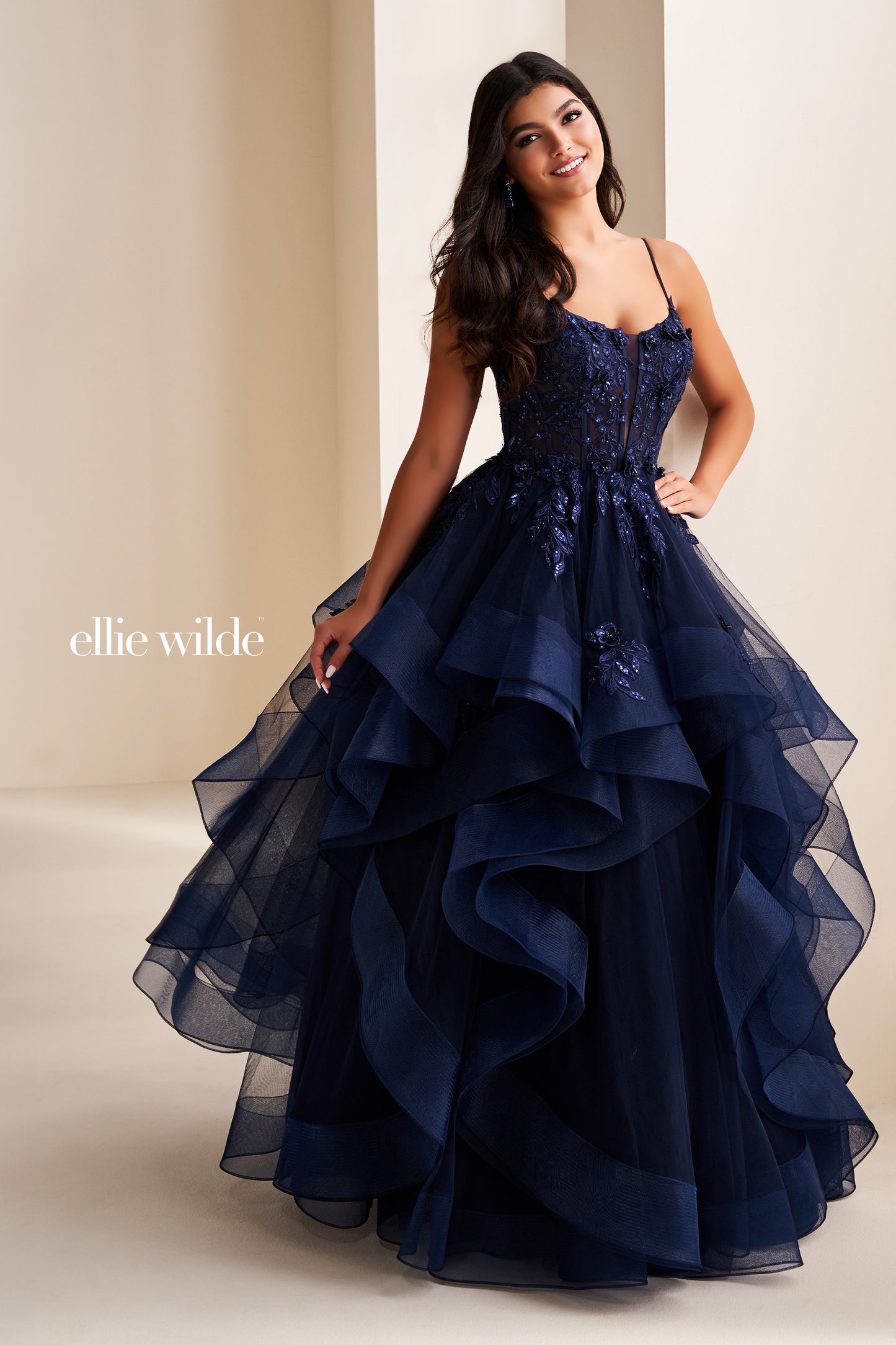 Ellie Wilde EW36225 Sheer Lace Corset Ball Gown Prom Dress Layer Corset Formal Evening