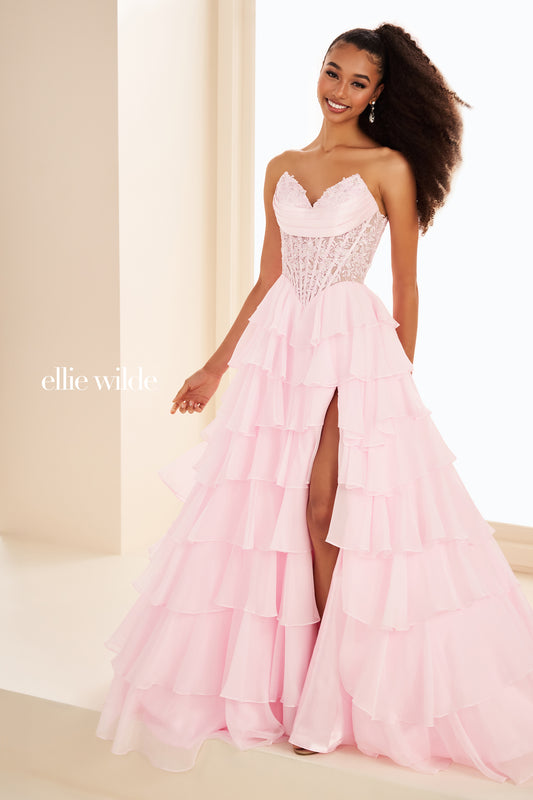 Ellie Wilde EW37115 Size 0 PINK Lace Corset Ruffle Prom Dress Slit