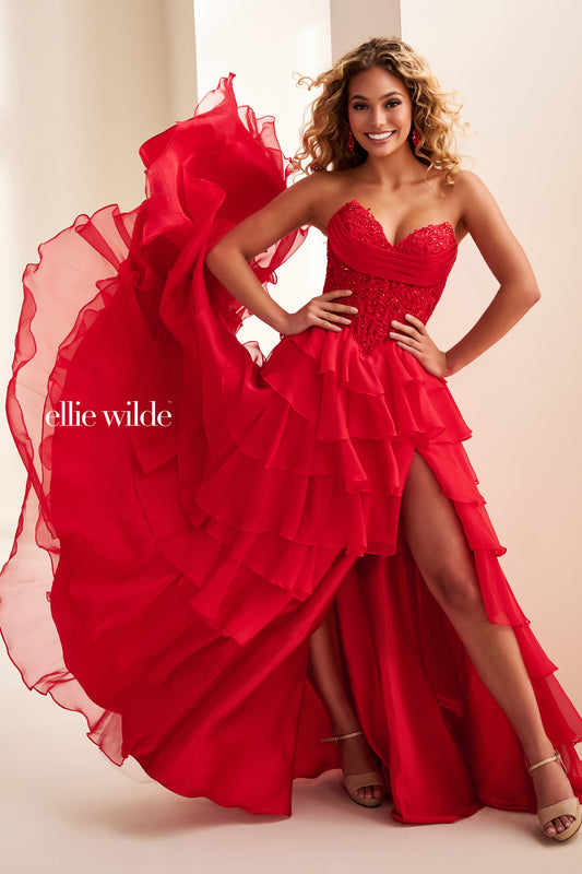 Ellie Wilde EW37115 Size 10 RED Lace Corset Ruffle Prom Dress Slit