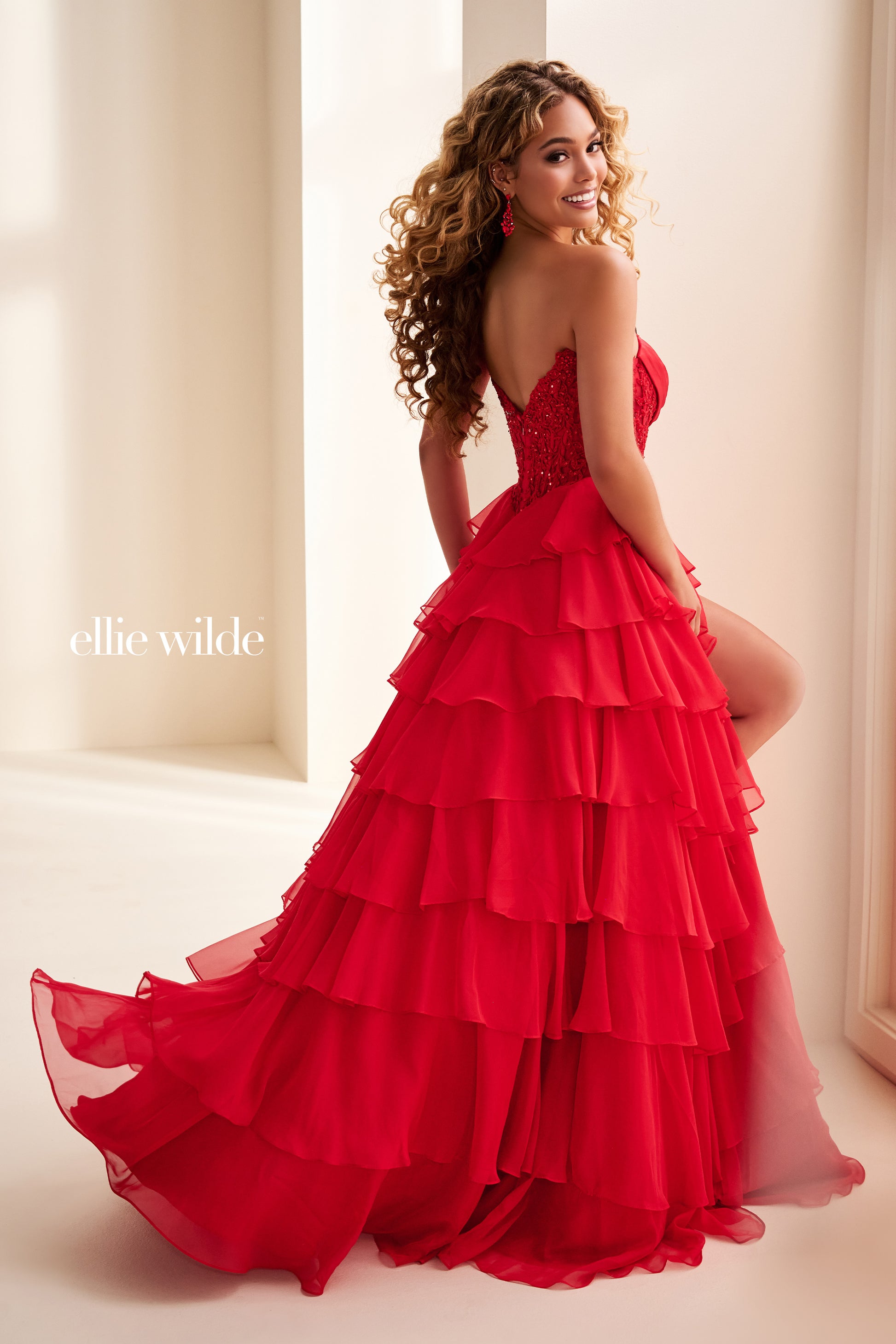 Ellie Wilde EW37115 Size 10 RED Lace Corset Ruffle Prom Dress Slit – Glass  Slipper Formals