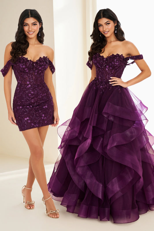 Make a stunning entrance in this Ellie Wilde EW37201 prom dress, designed for versatility and elegance. This size 14 plum gown features a sweetheart neckline and off-the-shoulder sleeves that frame the shoulders beautifully. The straight silhouette is anchored by a structured corset bodice with a lace-up back for a custom fit. Crafted from luxurious lace appliqué, sequins, and three-dimensional flowers on tulle, this dress transitions effortlessly from cocktail to formal. The detachable long overskirt trans