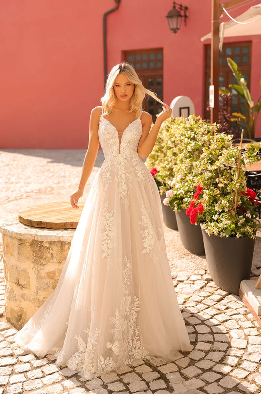 Amarra Bridal 84228 "Emily" A-Line Plunging Neckline V-Back Floral Wedding Gown. This A-line wedding dress offers the perfect balance between beauty and ease of wear. Emily’s lightweight design offers you the freedom to move and dance, while the size makes sure the bottom doesn’t take up too much space