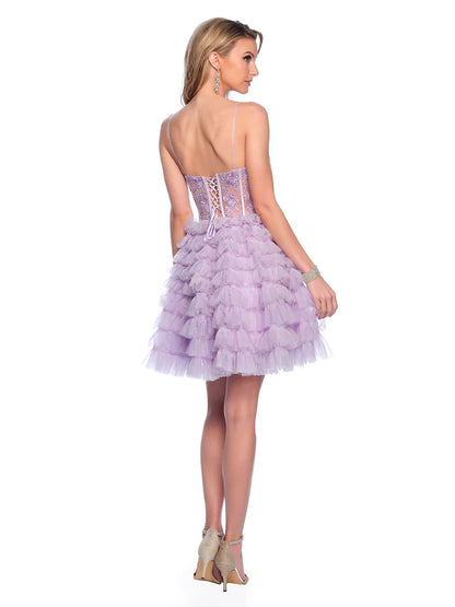 Elevate your look with the Dave &amp; Johnny 11766 Layer Ruffle A Line Homecoming Dress. The sheer lace corset and layered ruffles create a flattering A-line silhouette, perfect for any cocktail event. This dress combines style and comfort, making it a must-have for your