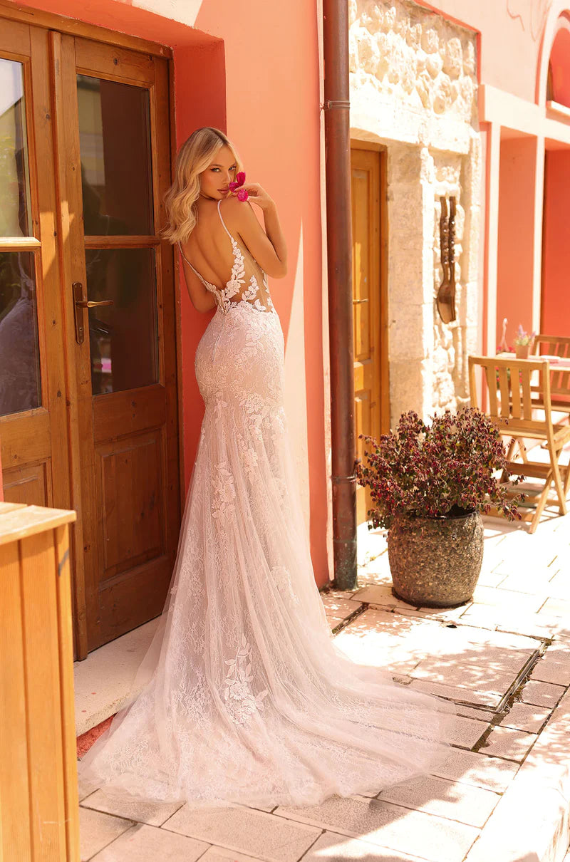 Amarra Bridal "Fiona" A-Line Plunging Neckline Floral Tulle Spaghetti Strap Train Wedding Gown. Going for an elegant look on your big day. Meet Fiona, the wedding gown that’s sure to have you feeling like the most confident you. 