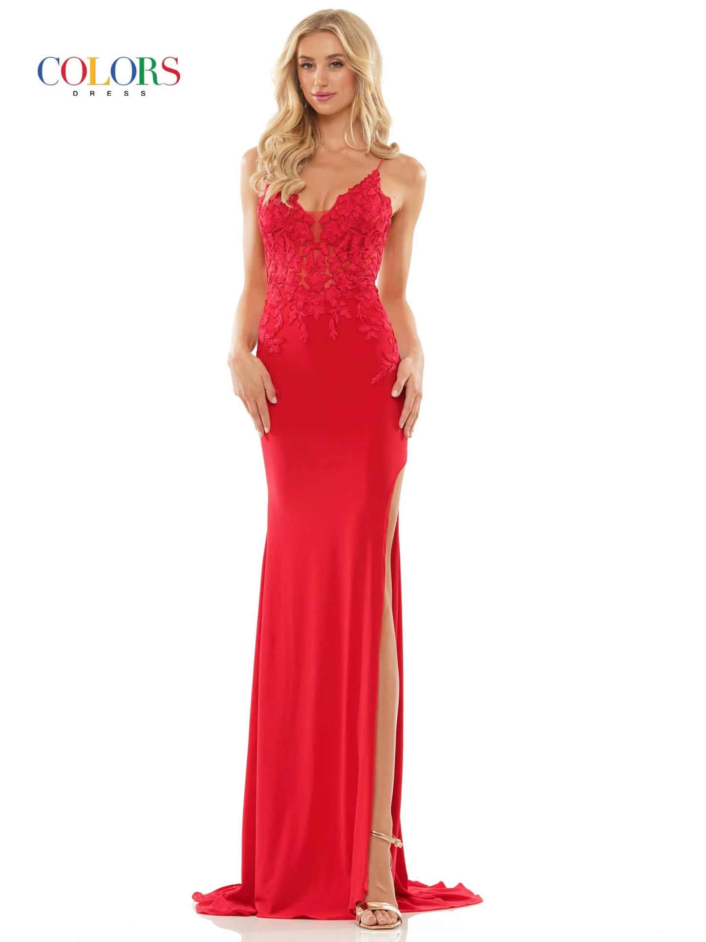 Expertly crafted for a flawless fit, the Colors Dress G1086 is a stunning Prom Dress that will make you stand out from the rest. The corset and lace bodice accentuate your curves, while the high slit adds a touch of elegance. Made of Matte Jersey, this formal pageant gown offers both comfort and style.