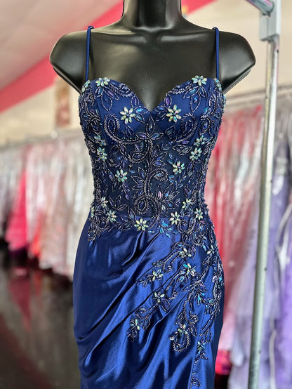 Nox Anabel G1659 Size 0 Navy Prom Dress Long Fitted Satin Beaded Formal Dress Sheer Corset Crystal Gown
