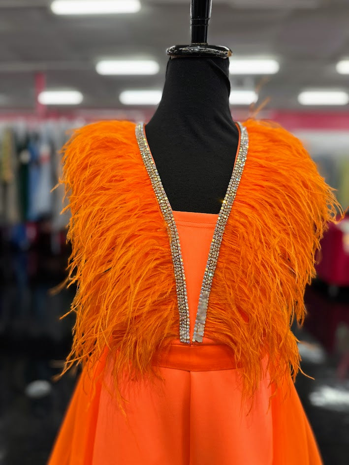 Marc Defang 8308 Size 12 Orange Girls Romper Overskirt Pageant Fun Fashion Feathers