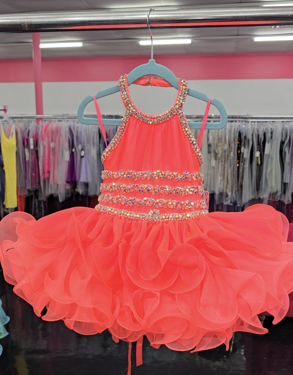 Sugar Kayne C216 Size 2T Hot Coral Short girls Cupcake Ruffle High Neckline Pageant Dress Bow Crystal Embellished Sugar Kayne C216 Size 2T Hot Coral Short girls Cupcake Ruffle High Neckline Pageant Dress Bow Crystal Embellished