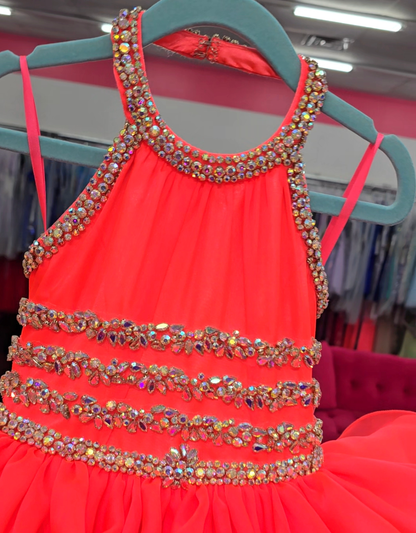 Sugar Kayne C216 Size 2T Hot Coral Short girls Cupcake Ruffle High Neckline Pageant Dress Bow Crystal Embellished