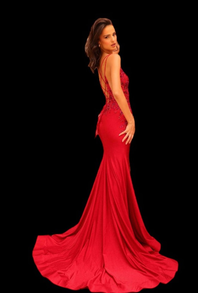 Amarra 88747 A-Line Spaghetti Strap Plunging V-neck Embellished Bodice Slit Train Prom Dress