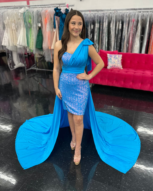 Vienna Prom 8717 Size 4 Turquoise Short Sequin One Shoulder Dress Overskirt Satin Slit Formal Wear Pageant