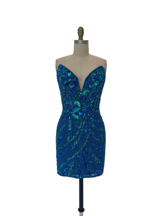 Ashley Lauren 4500 This knockout Short cocktail dress features a plunging V neckline and back and is made of sequins.&nbsp; It has a beautiful multi colored sequin pattern that makes this dress stand out.&nbsp;&nbsp;  Available colors: Turquoise/Royal, Black, Blue/Jade, Bright Pink, Candy Pink, Emerald, Gold, Gold/Black, Ivory, Lilac, Rose Gold, Sky, Sky/Nude&nbsp;  Available sizes:&nbsp; 00-16