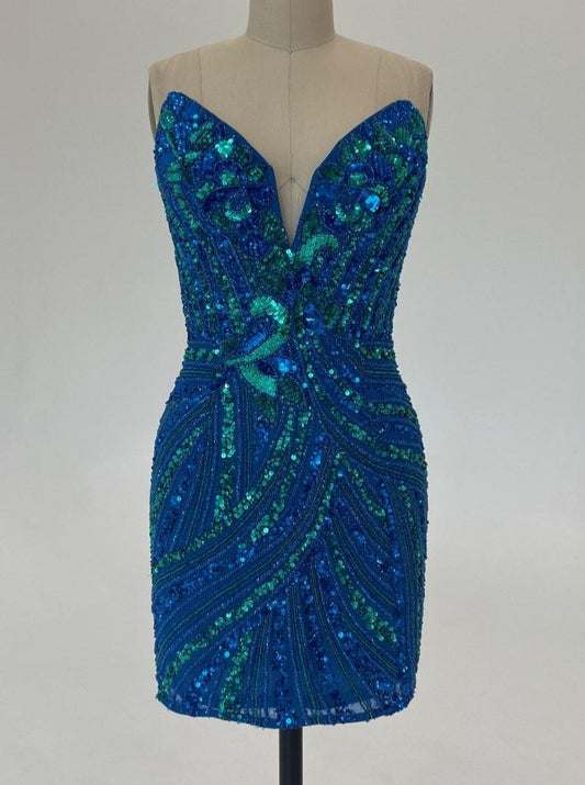 Ashley Lauren 4500 This knockout Short cocktail dress features a plunging V neckline and back and is made of sequins.  It has a beautiful multi colored sequin pattern that makes this dress stand out.    Available colors:  Green/Blue  Available sizes:  0
