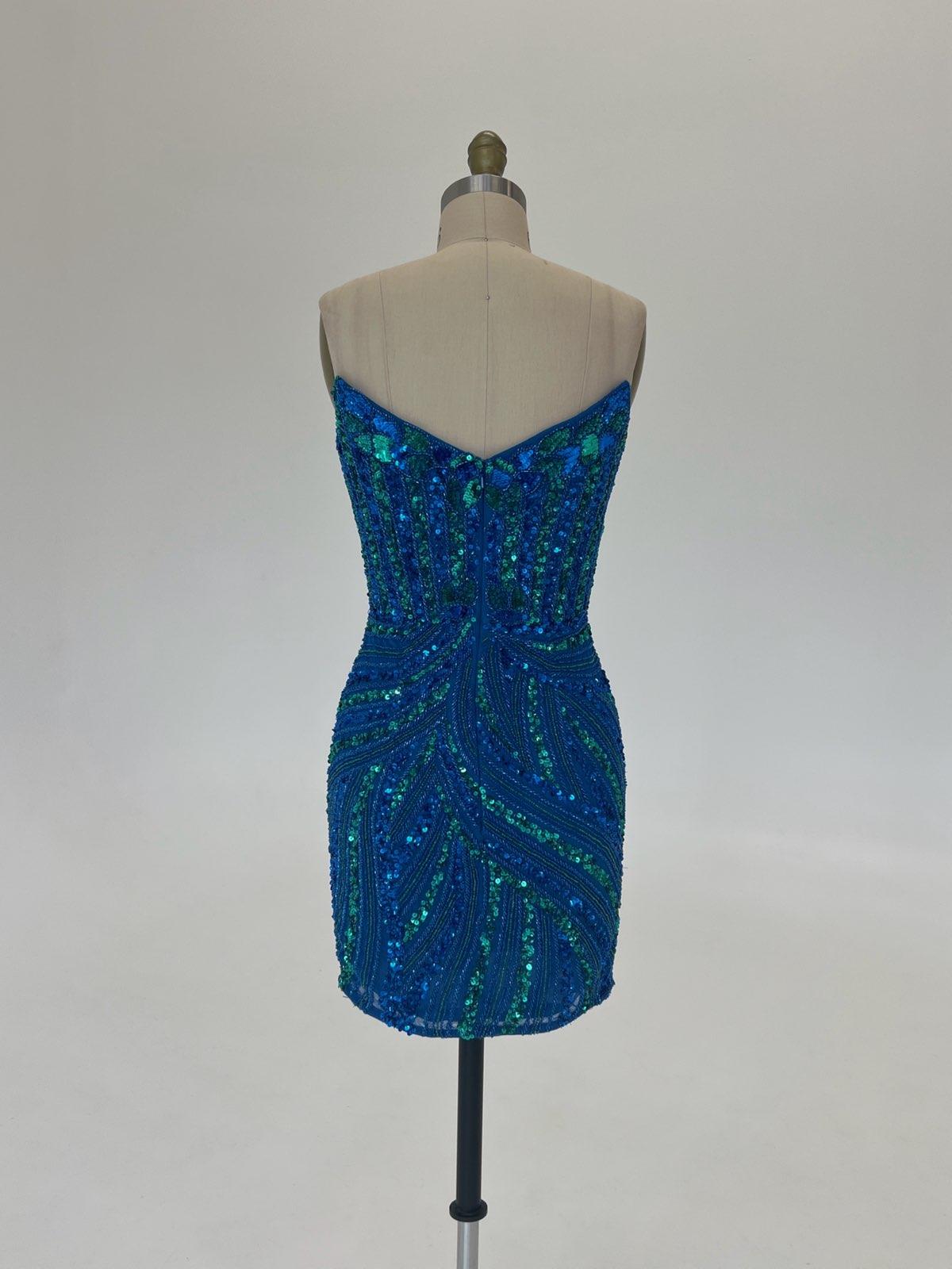 Ashley Lauren 4500 Size 0 Green/Blue Short cocktail dress Peak Point V Neck Formal Beaded Sequin Gown