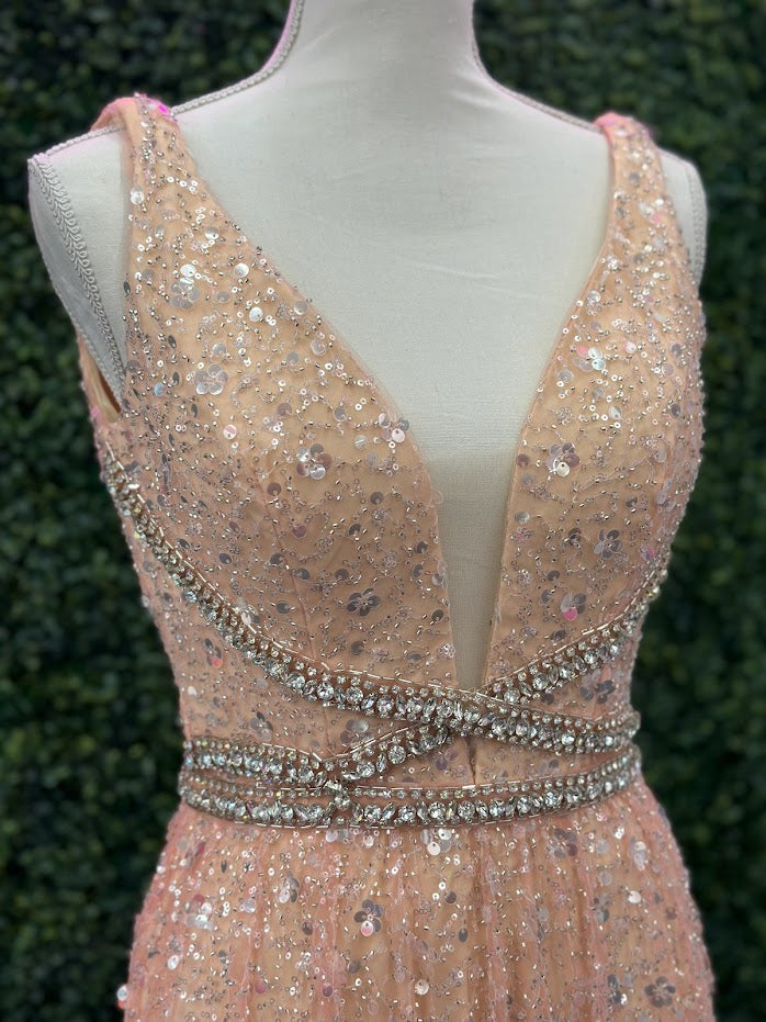 Johnathan Kayne 5400 Size 4 Champagne Long Beaded Sequin A Line Crystal Formal Evening Dress Gown V Neck