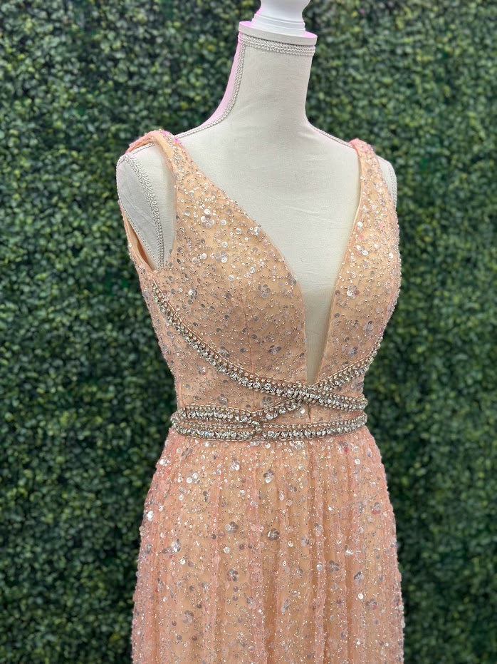 Champagne Cady Net Fabric Evening Dress, Crystals & Sequins