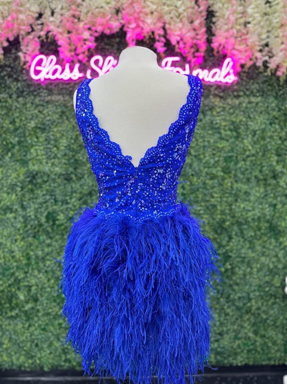 Johnathan Kayne 2314 Cocktail Dress.  This is a short lace V neckline cocktail dress with scalloped edges in the neckline.  The skirt is feathers. Strut in your next event or pageant in this fun cocktail dress.  Colors: Royal  Size: 10  Fabric:  Stretch Lace, Stretch Lining