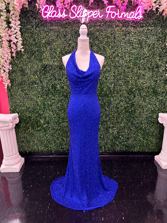Johnathan Kayne 2728 is a size 4 cowl neck formal gown crafted with Custom Liquid Beading. The halter neck closure makes for a beautiful and stylish silhouette with a royal finish. Perfect for your next event!   ** One of a kind Custom  Size: 4  Color: Royal