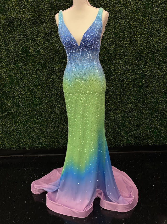Johnathan Kayne 9213 Size 4 Custom Ombre Crystal Long Fitted Prom Dress Evening Gown