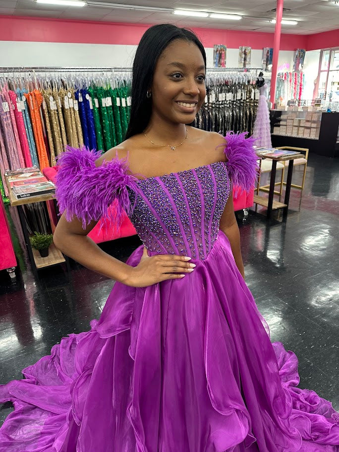 Ava Presley 39553 Size 8 Purple Sheer Crystal Corset Ruffle Pageant Dress A Line Feather off the Shoulder