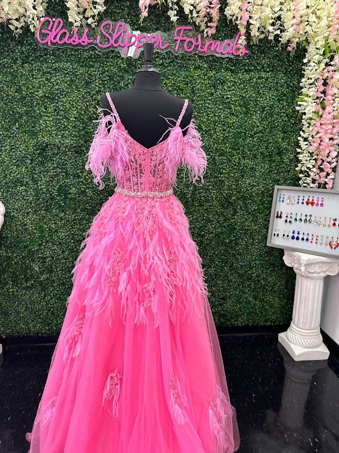pink feather prom dress ASHLEYlauren 11447 Size 4 Pink Feather Ball Gown Prom Dress