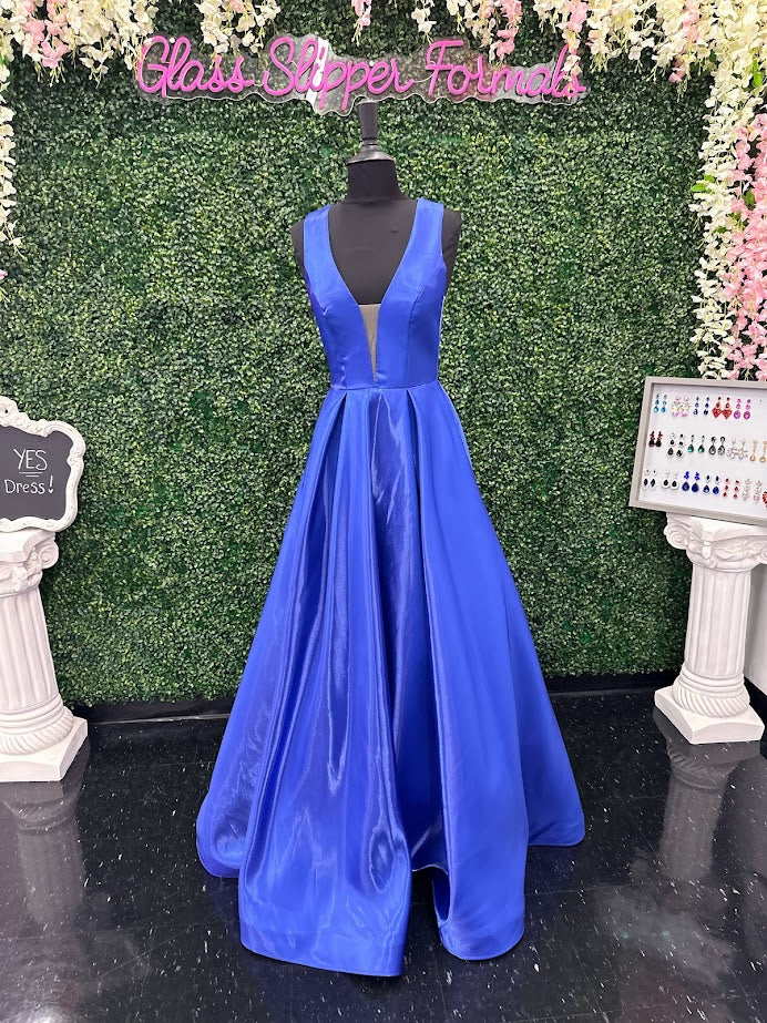 Johnathan Kayne 2550 Size 4 Royal A-Line Ballgown Satin Plunging Neckline Side Cut Outs Bows In Back Prom Gown