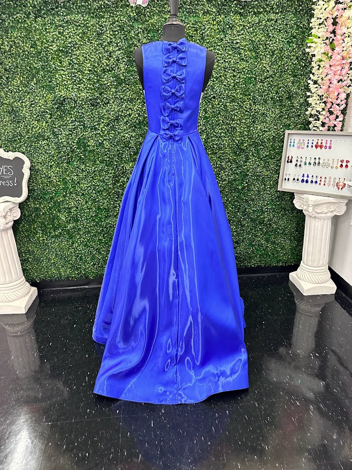 Johnathan Kayne 2550 Size 4 Royal A-Line Ballgown Satin Plunging Neckline Side Cut Outs Bows In Back Prom Gown