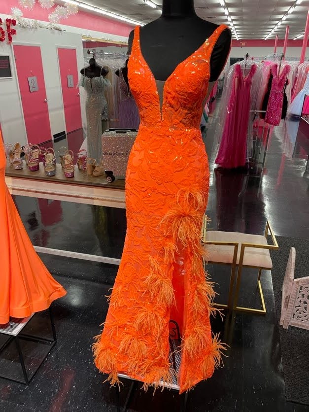 Amarra 88513 Size 2 Neon Pink Long Fitted Sheer Sequin Feather Prom Dress Slit Formal Evening Gown